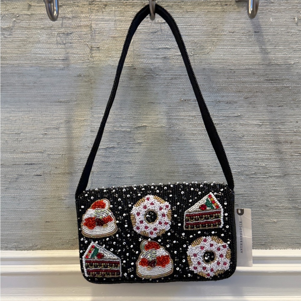 NWT new Anthropologie Fiona beaded shoulder bag holiday desserts black winter - Picture 11 of 17